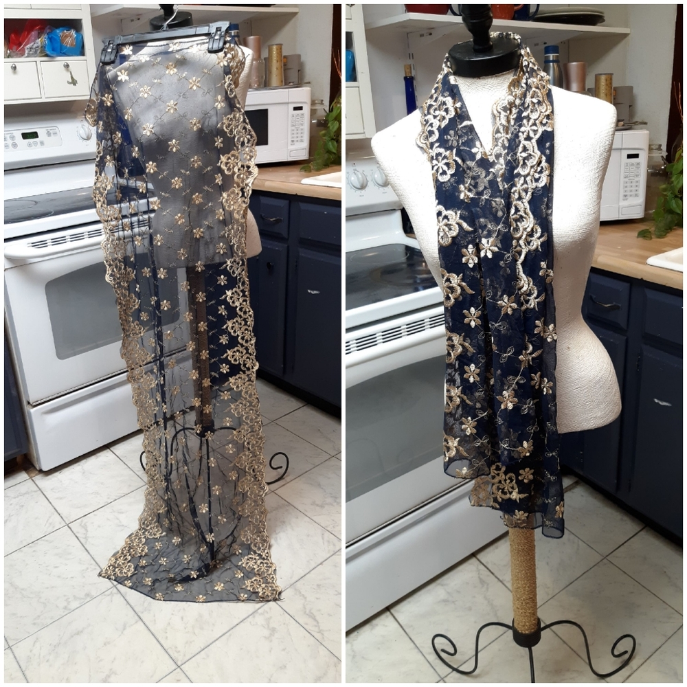 Black Sheer Wrap Scarf Embroidered Gold N Silver Flowers Detailing Long Many Use